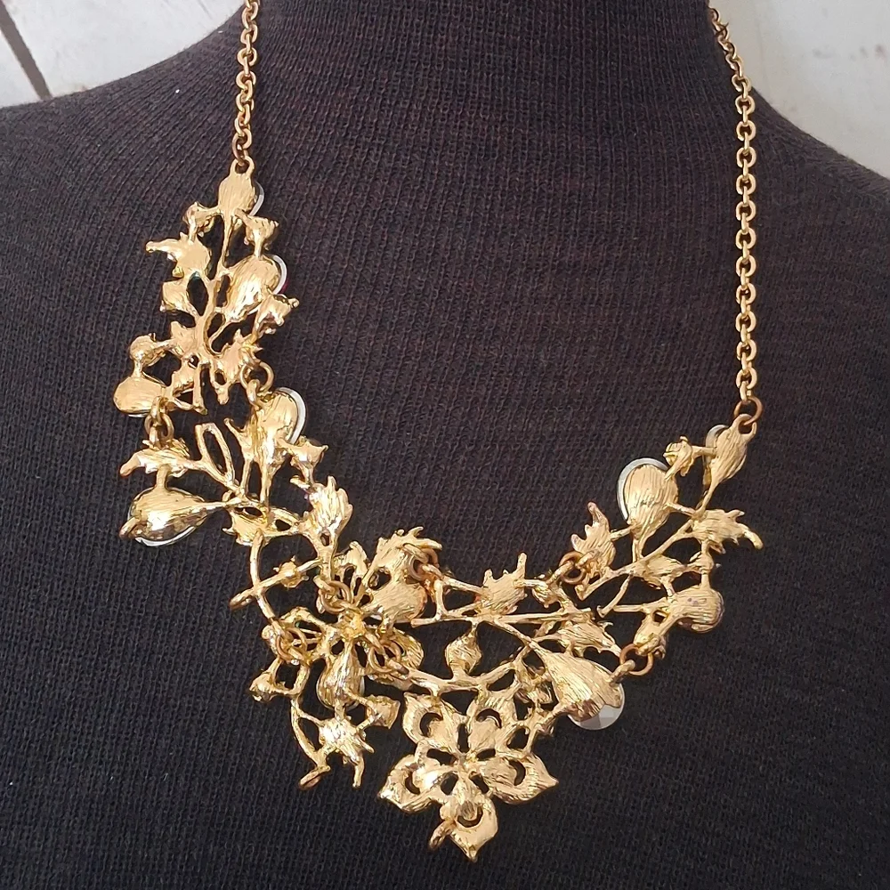 Goldtone Colorful Floral And Vine Statement Necklace